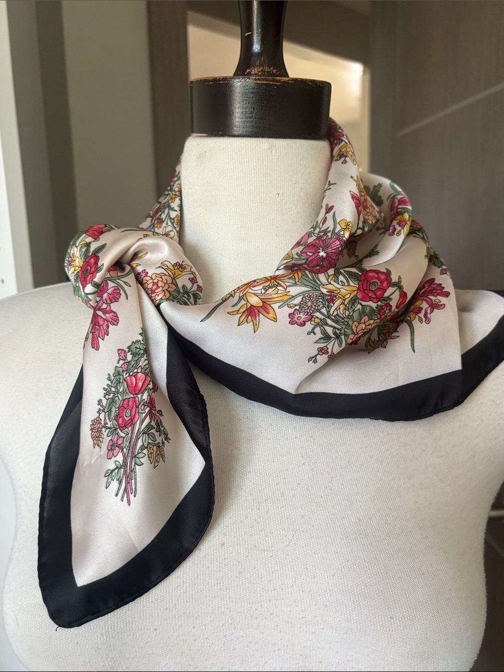 Floral Satin Scarf with Black Border - Elegant Neck Wrap